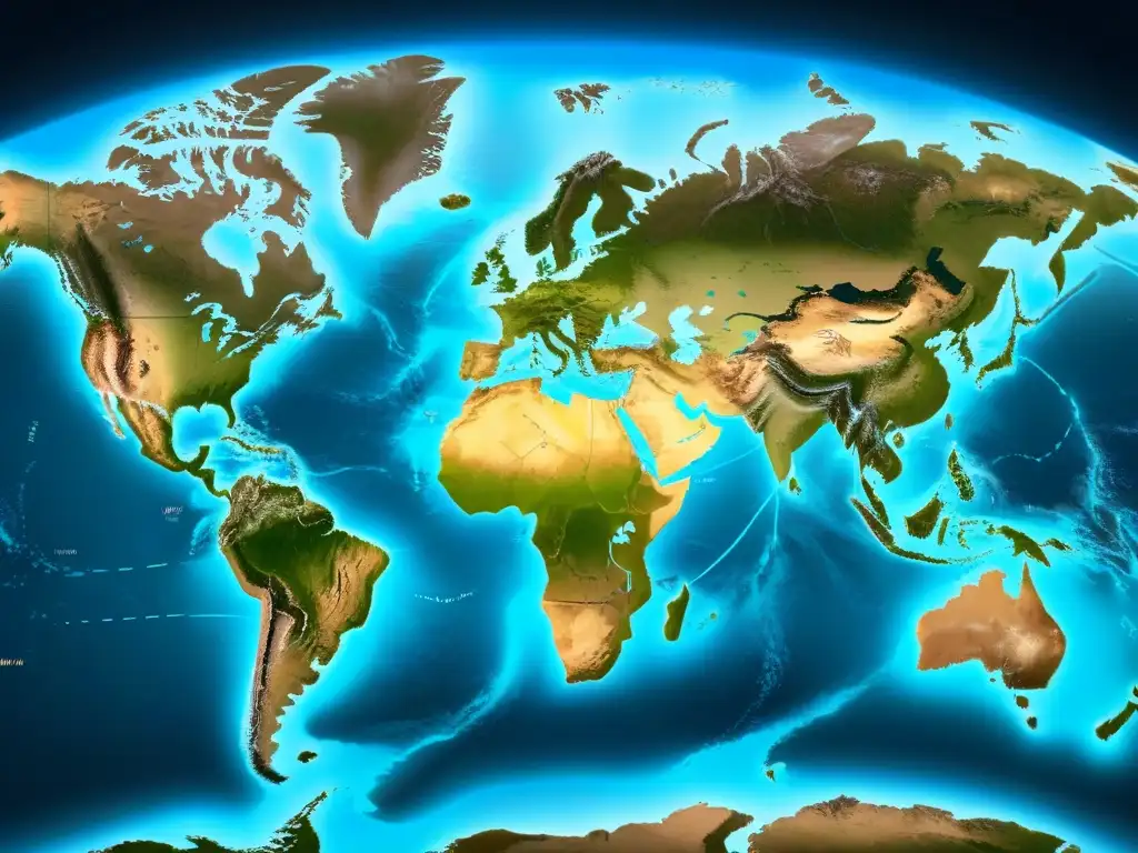 Mapa mundial detallado con rutas comerciales resaltadas Mapa del mundo detallado con rutas comerciales resaltadas, simbolizando la internacionalización educativa en Uruguay