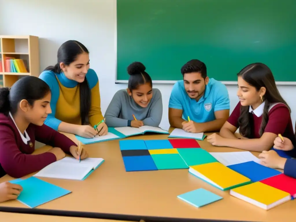 Transformación educación uruguaya: Estudiantes colaboran con materiales educativos en mesa moderna