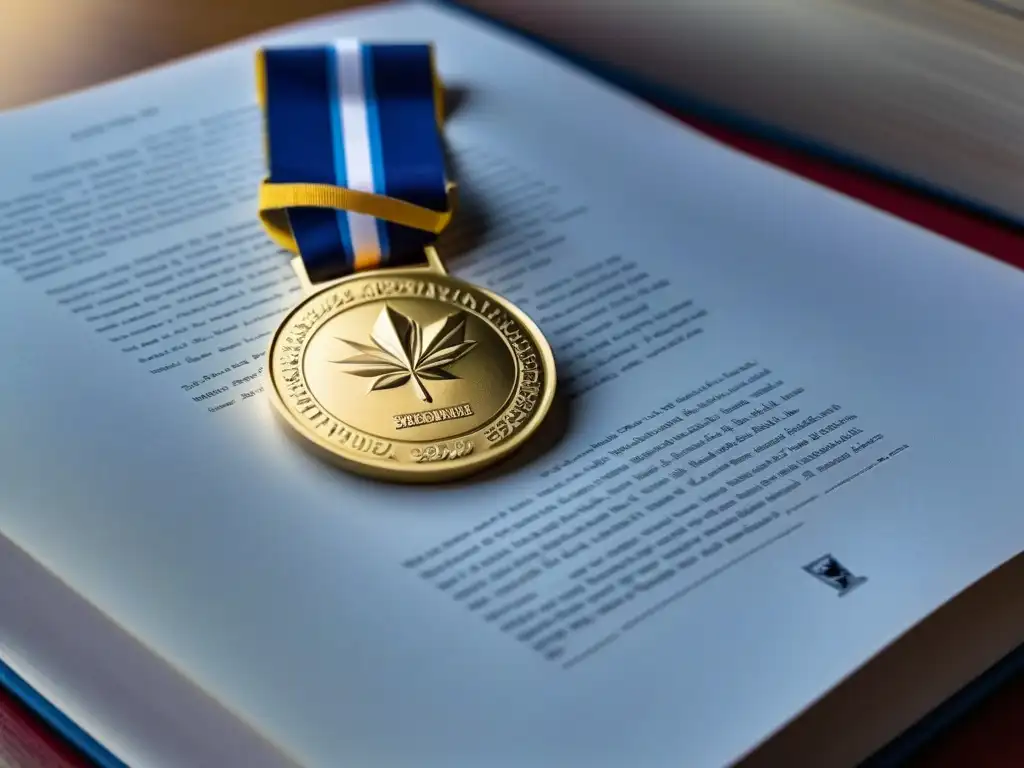 Una medalla de oro sobre un libro abierto, simbolizando la excelencia académica y deportiva en las becas deportivas en Uruguay