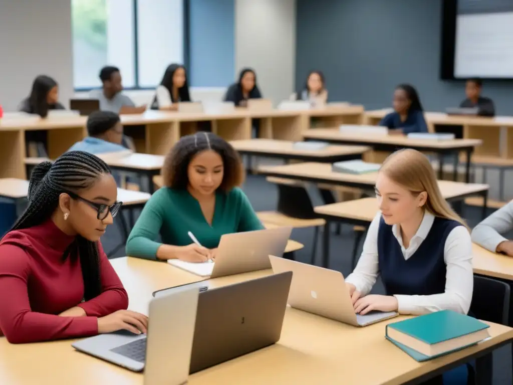 Mejores técnicas de estudio para aprendizaje: Estudiantes diversos concentrados en sus métodos de estudio en un aula moderna de Uruguay