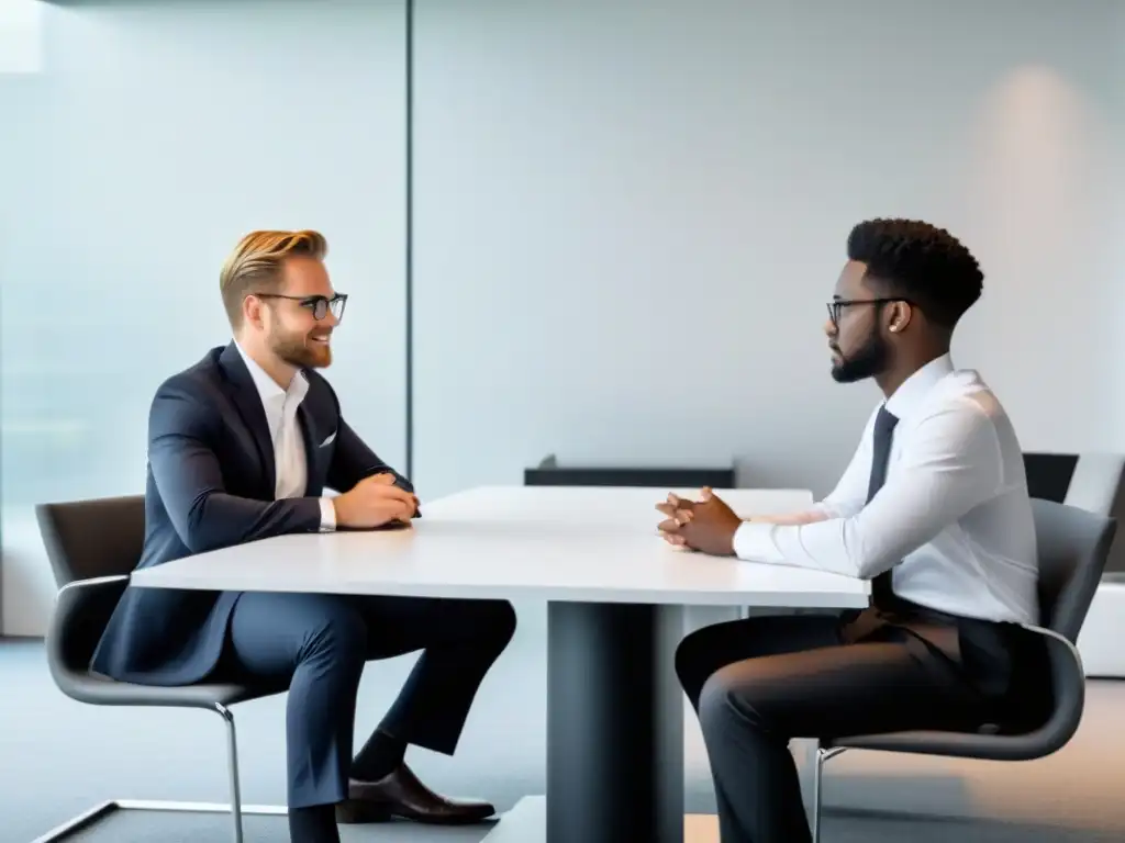 Un mentor y un aprendiz dialogan en una oficina moderna y luminosa