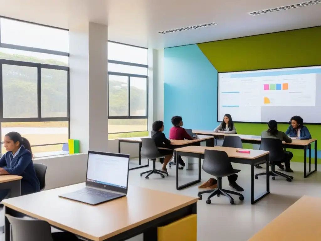 Metodologías ágiles en educación Uruguay: Aula moderna con estudiantes diversos participando activamente en aprendizaje colaborativo