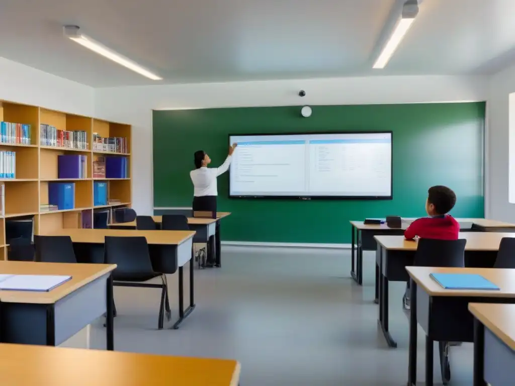 Metodologías innovadoras en educación en Uruguay: aula moderna con recursos avanzados e iluminación natural, alumnos colaborando