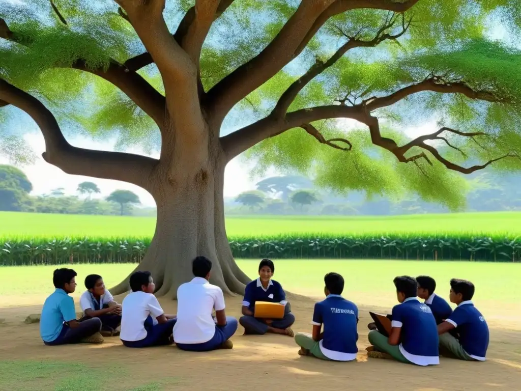 Metodologías lúdicas en educación rural: Estudiantes y maestro disfrutan de aprendizaje bajo un árbol