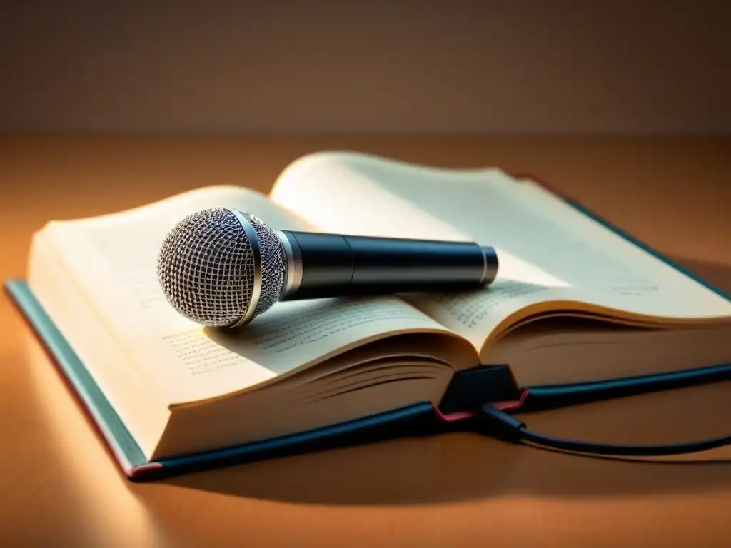 Micrófono sobre libro: fusión tecnológica educativa Un micrófono sobre un libro abierto, con luz suave y sombra, fusionando tecnología y educación para podcasts educativos en Uruguay