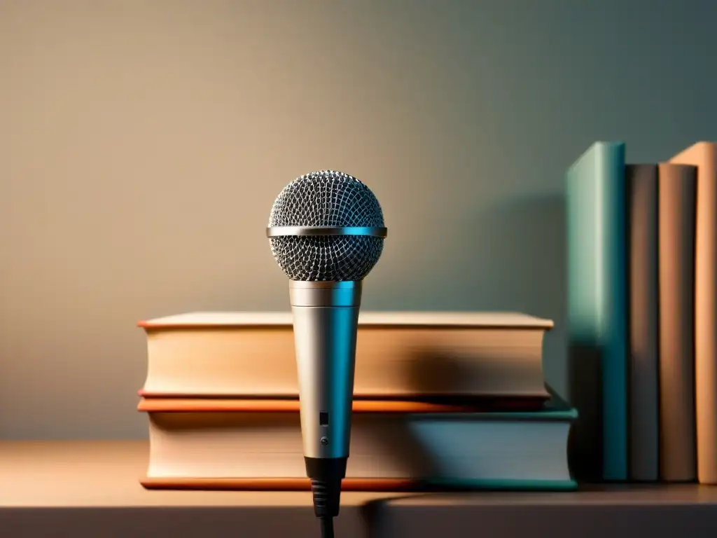 Micrófono sobre libros: armonía educativa y podcasting Un micrófono reposa sobre libros, bañados por luz suave en un fondo sereno