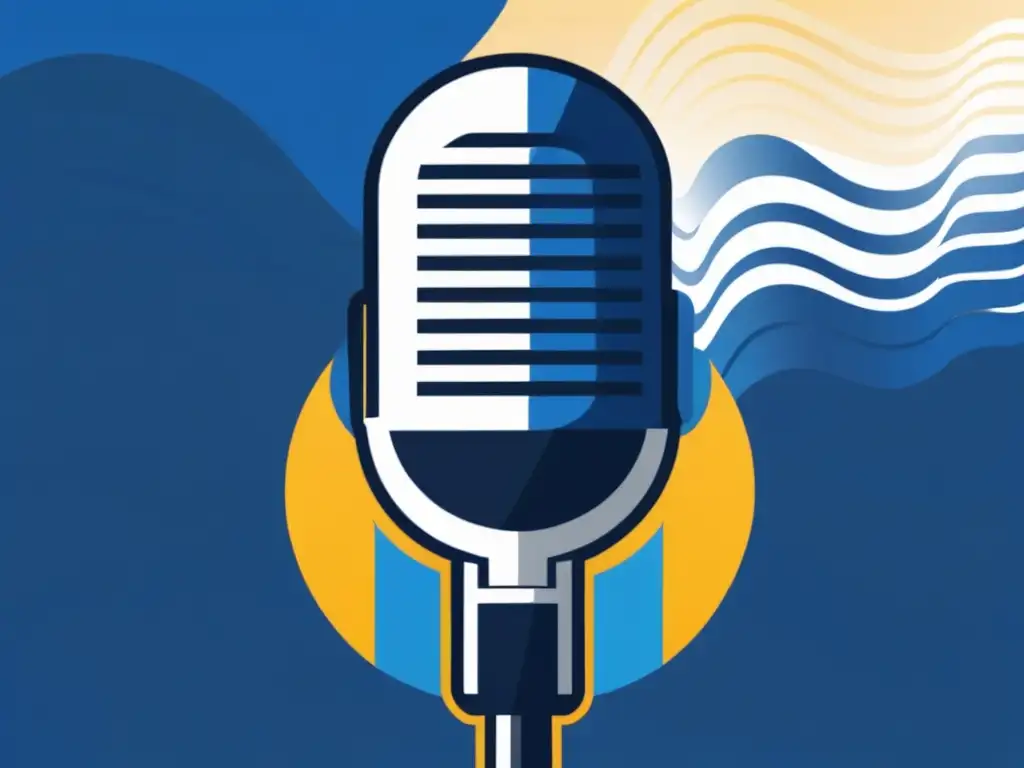 Micrófono de podcast vibrante con ondas de sonido y bandera uruguaya Un micrófono de podcast vibrante rodeado de ondas de sonido, con la bandera uruguaya integrada sutilmente