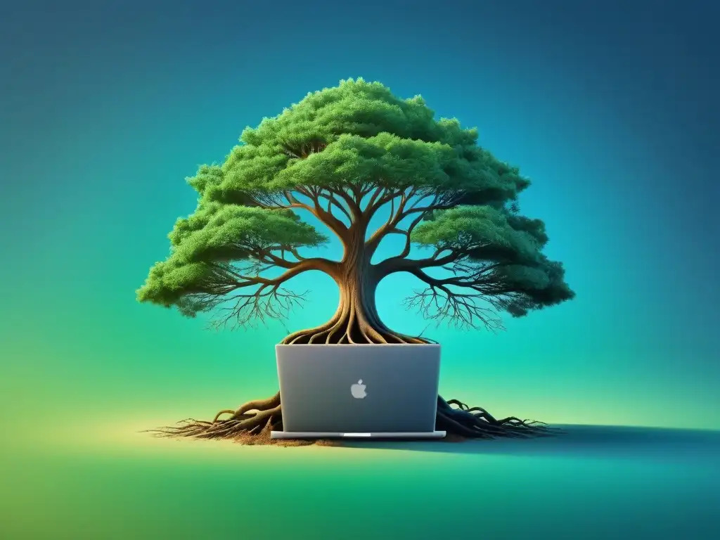 Ilustración minimalista de un árbol fuerte con raíces profundas simbolizando resiliencia, rodeado de elementos de educación a distancia