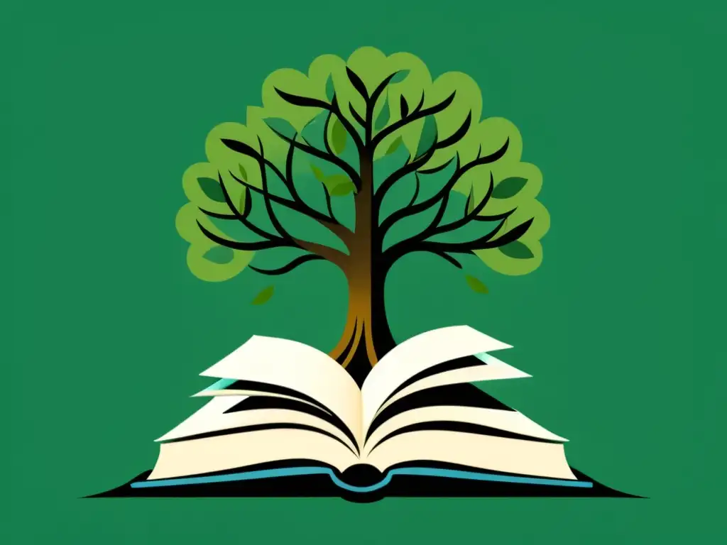 Ilustración minimalista de un árbol creciendo desde un libro abierto, simbolizando la integración de la sostenibilidad en el currículo escolar