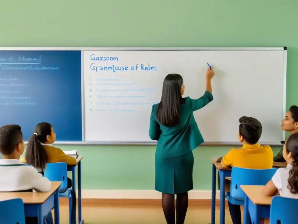 Ilustración minimalista de aula en Uruguay, alumnos diversos aprendiendo portugués