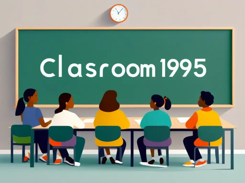 Ilustración minimalista de aula con estudiantes diversos aprendiendo juntos en la Reforma educativa 1995 Uruguay objetivos