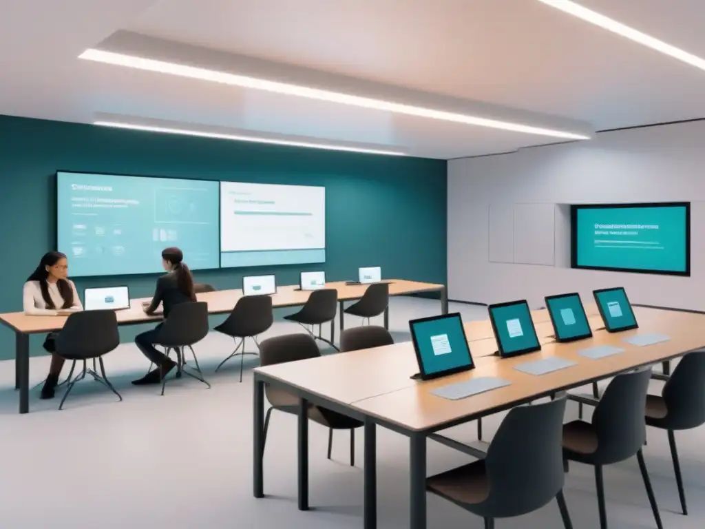 Aula del futuro en Uruguay: colaboración estudiantil con IA Ilustración minimalista de aula futurista en Uruguay, estudiantes colaborando con IA en aprendizaje colaborativo