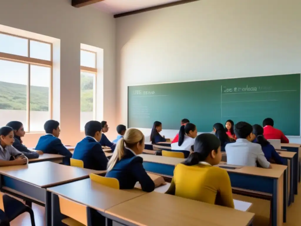 Ilustración minimalista de un aula moderna con estudiantes diversos, reflejando el legado educativo de José Pedro Varela en Uruguay