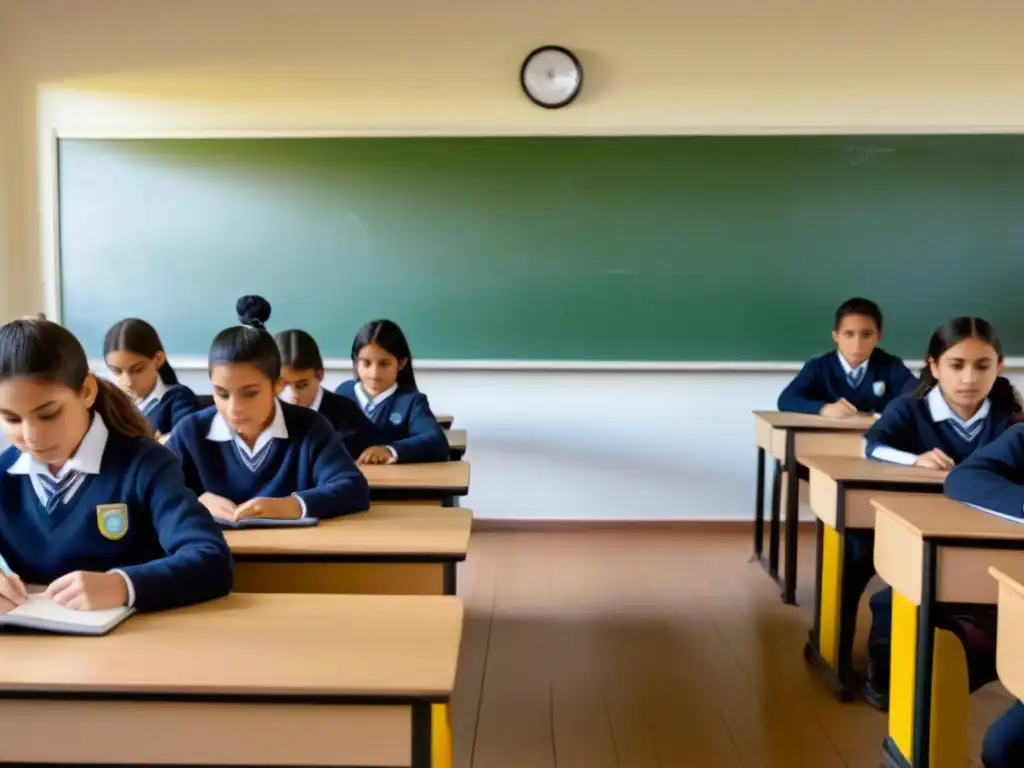 Ilustración minimalista de un aula uruguaya con estudiantes y tecnología, fusionando lo tradicional y las tendencias educativas globales en Uruguay