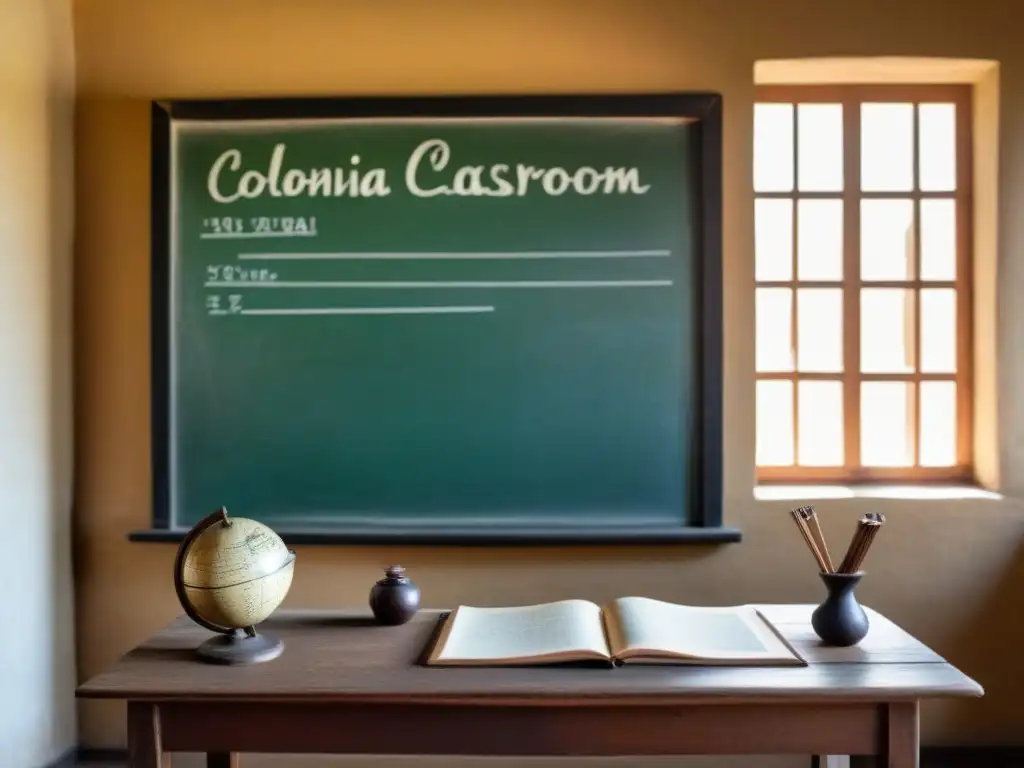 Ilustración minimalista en blanco y negro de una aula colonial en Uruguay, evocando la evolución del sistema educativo en Uruguay