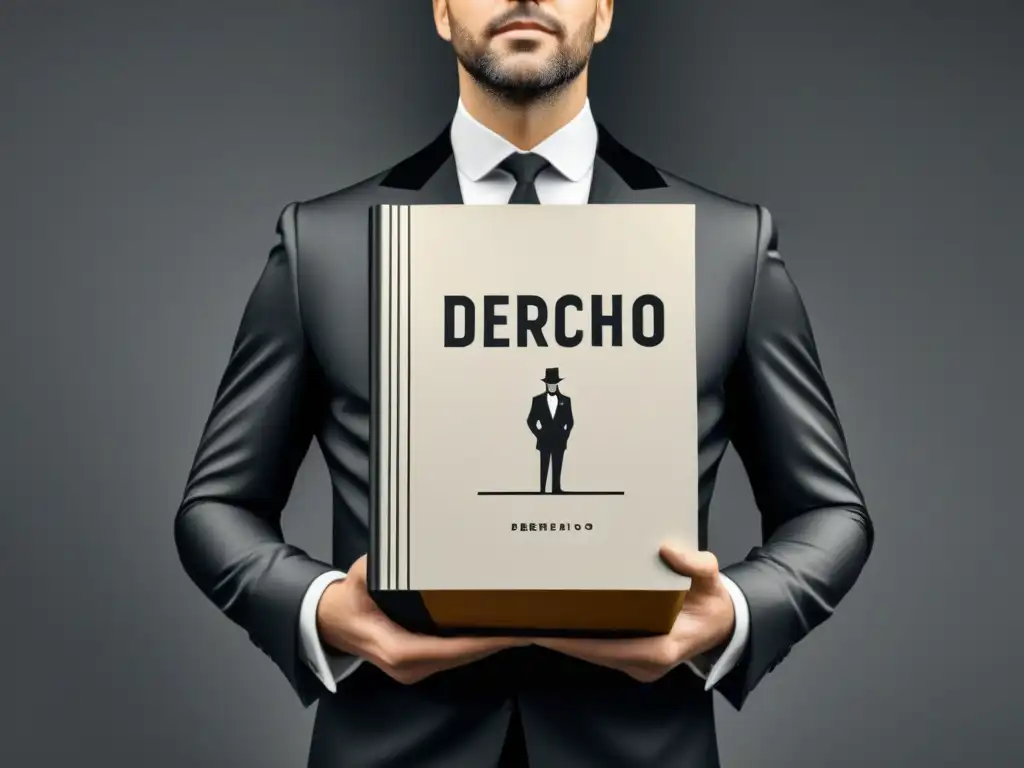 Ilustración minimalista en blanco y negro de un caballero distinguido sosteniendo un libro con 'Derecho' en la portada