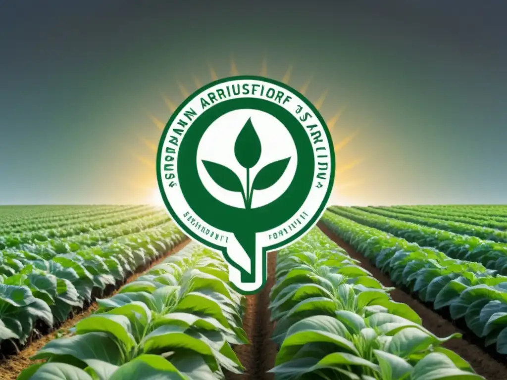 Ilustración minimalista en blanco y negro de un campo de cultivos verde intenso bajo el sol, con un sello de certificación detallado