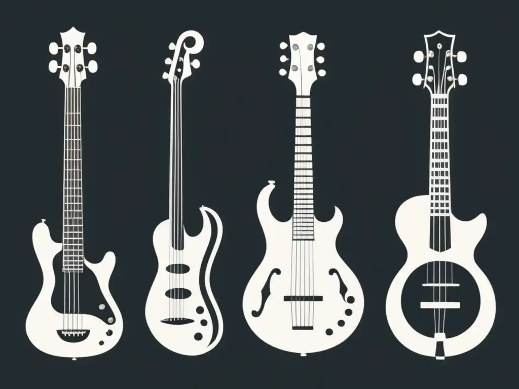 Armonía global: instrumentos musicales en la educación uruguaya Ilustración minimalista en blanco y negro de instrumentos musicales del mundo entrelazados, simbolizando la colaboración internacional en la educación musical en Uruguay