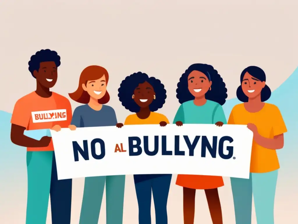 Ilustración minimalista de estudiantes unidos contra el bullying en Uruguay