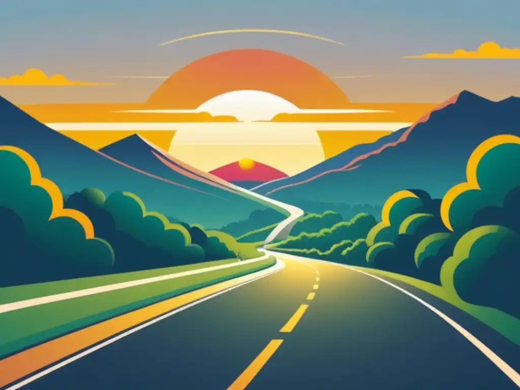 Ilustración minimalista de un camino hacia un campus universitario al amanecer