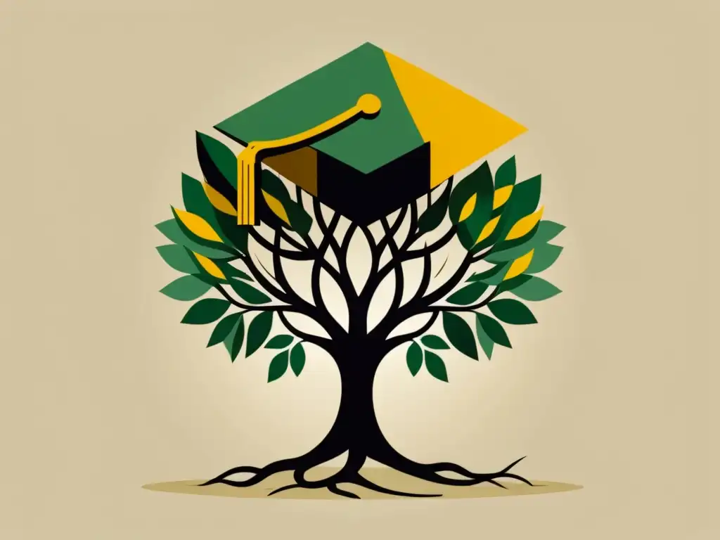 Ilustración minimalista detallada: árbol con birrete de graduación, enraizado en ecuaciones matemáticas y gráficos económicos