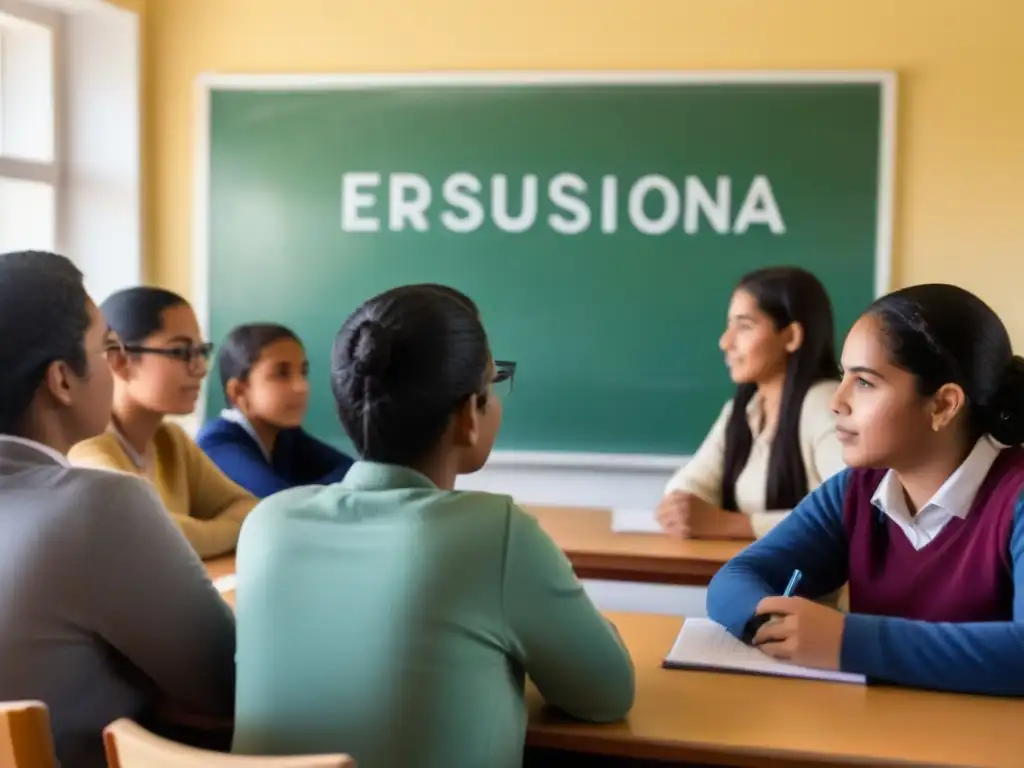 Ilustración minimalista detallada de estudiantes diversos en un aula en Uruguay, reflejando reformas educativas y progreso