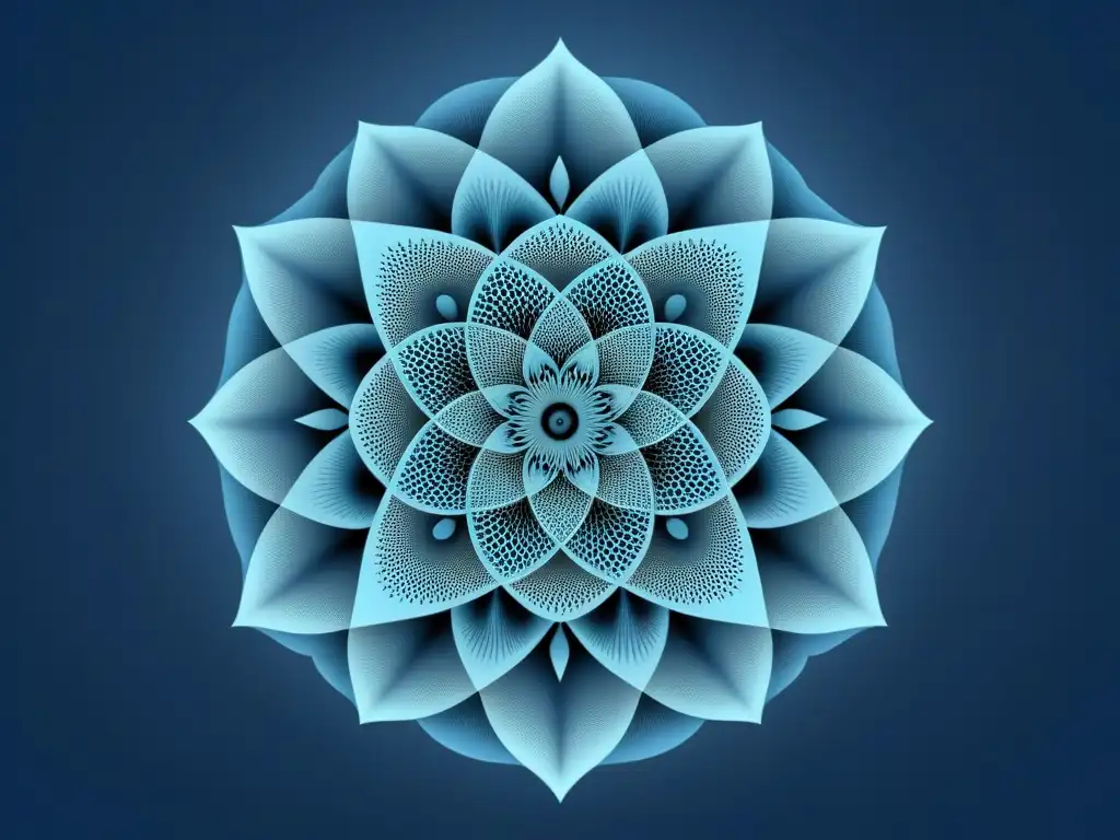 Ilustración minimalista detallada de un patrón fractal complejo emergiendo de una ecuación matemática, en tonos azules