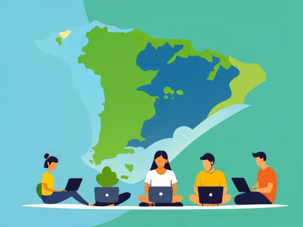 Ilustración minimalista de educación a distancia en Uruguay, con estudiantes en línea en un aula virtual