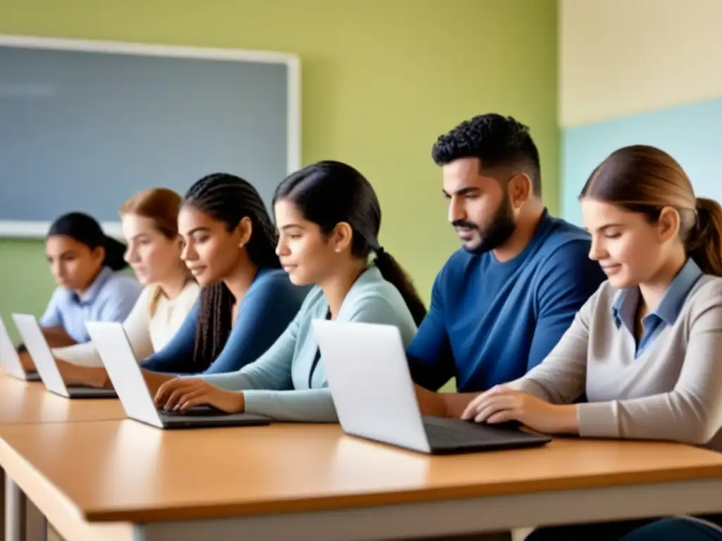 Ilustración minimalista de diversidad en aula uruguaya con alfabetización digital