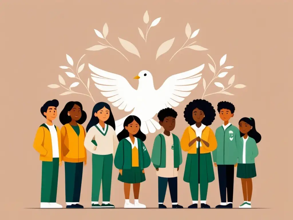 Ilustración minimalista de estudiantes unidos en diversidad y paz, promoviendo políticas antibullying en escuelas uruguayas