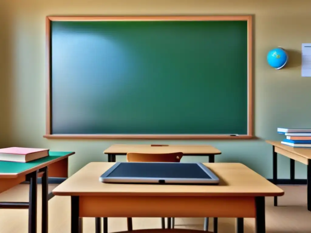 Integración armoniosa de tecnología y tradición educativa en Uruguay Ilustración minimalista fusionando elementos tradicionales y tecnología, simbolizando la enseñanza híbrida en Uruguay