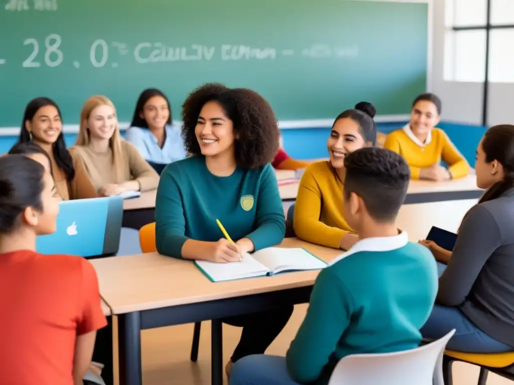 Ilustración minimalista de estudiantes con altas capacidades en aula inclusiva y colaborativa en Uruguay