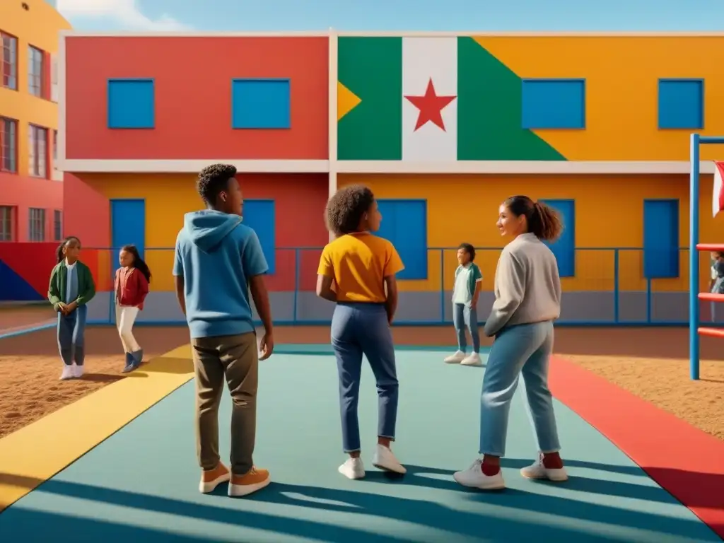 Ilustración minimalista de estudiantes diversos jugando armónicamente en un patio colorido, con una escuela y la bandera uruguaya al fondo