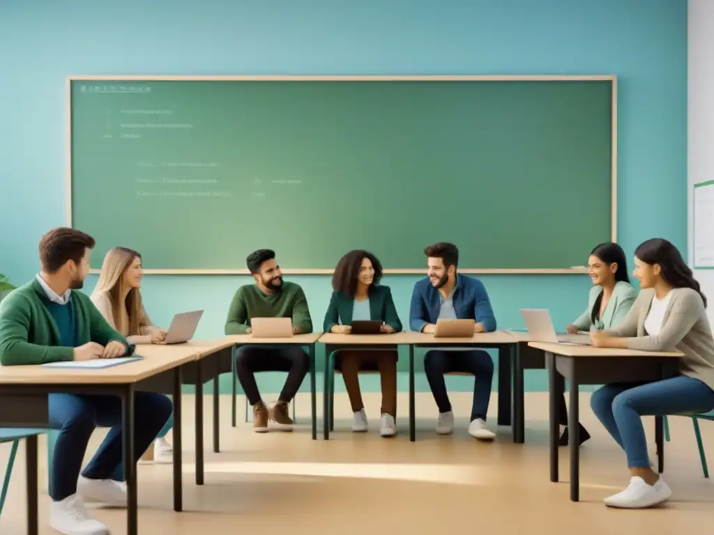 Ilustración minimalista de estudiantes colaborando en un aula, representando la inclusividad y la innovación en startups educativas en Uruguay