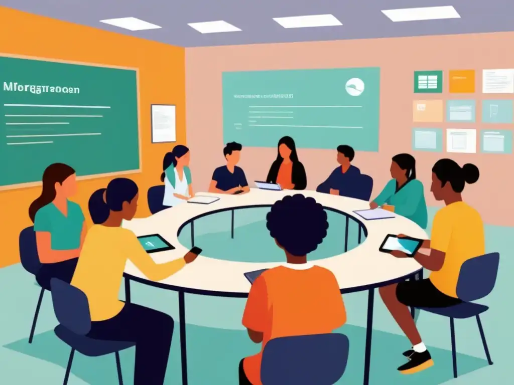 Ilustración minimalista de estudiantes en aula con realidad aumentada, simbolizando metodologías activas en educación Uruguay
