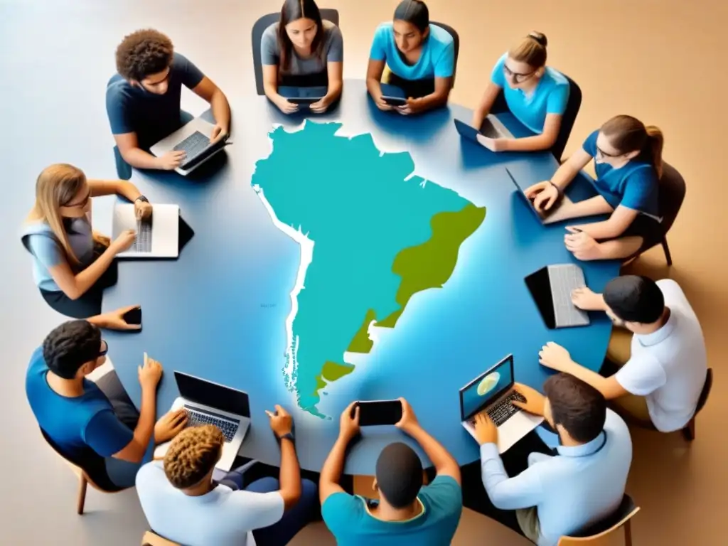 Ilustración minimalista de estudiantes con dispositivos digitales, unidos en círculo frente a un mapa de Uruguay