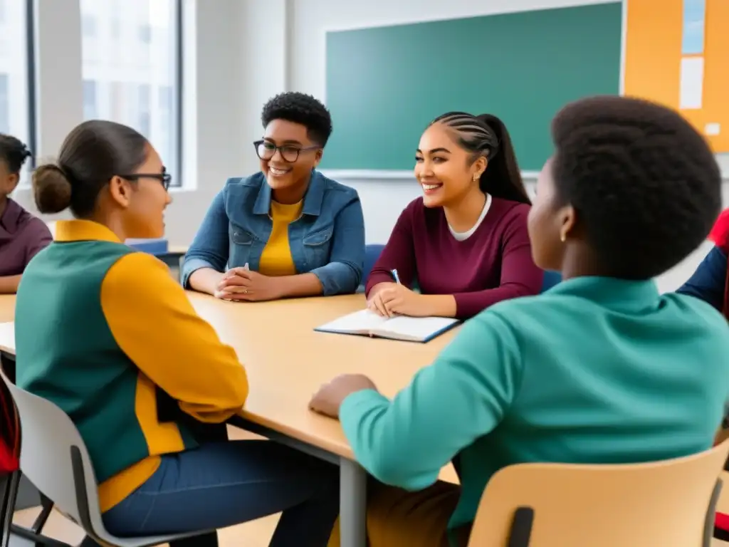 Ilustración minimalista de estudiantes diversas colaborando en aula moderna