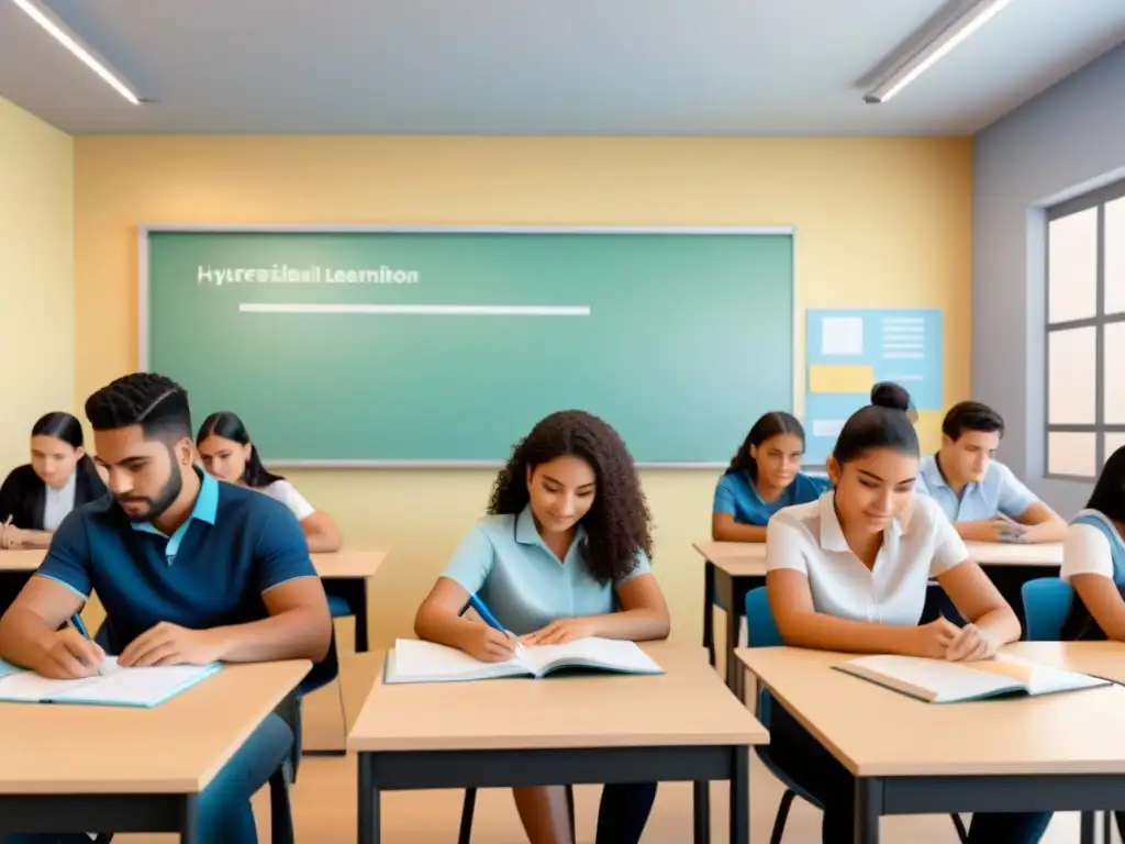 Ilustración minimalista de estudiantes diversos en actividades de enseñanza personalizada en un aula moderna en Uruguay