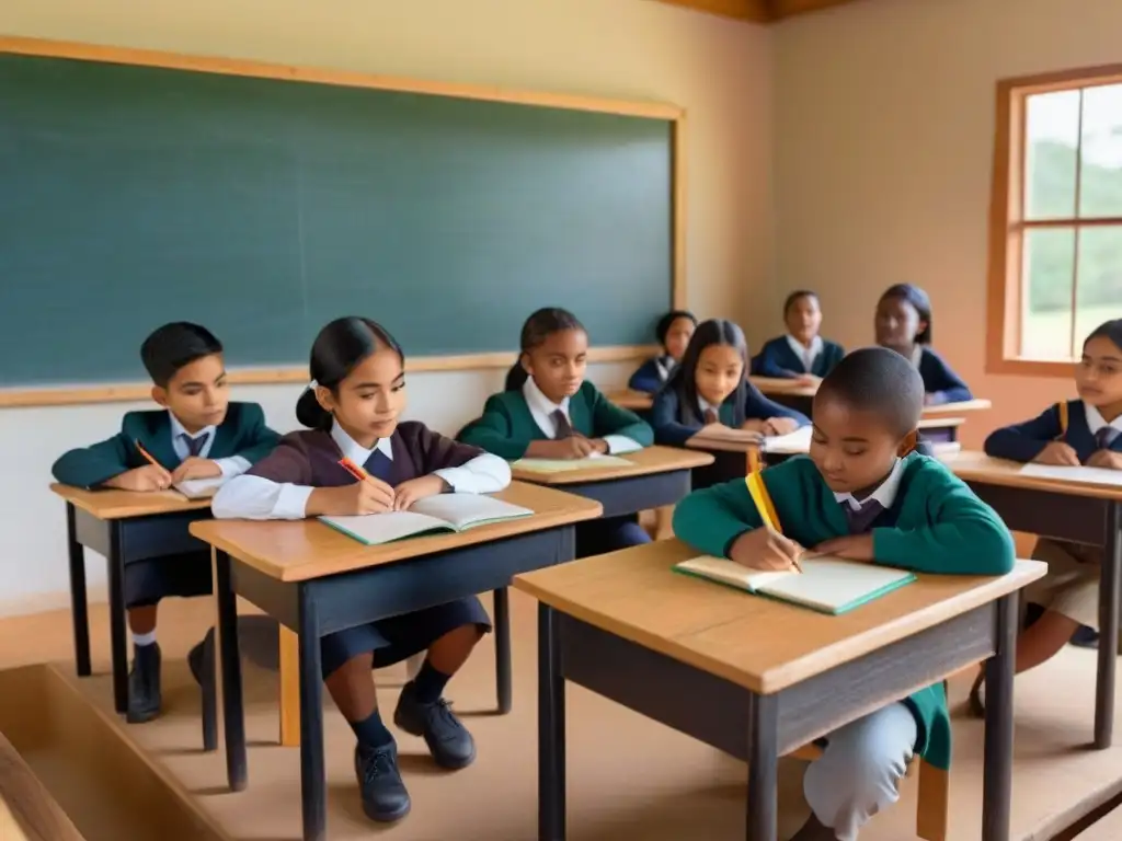 Ilustración minimalista de estudiantes diversos en aula rural, promoviendo igualdad de género en educación rural