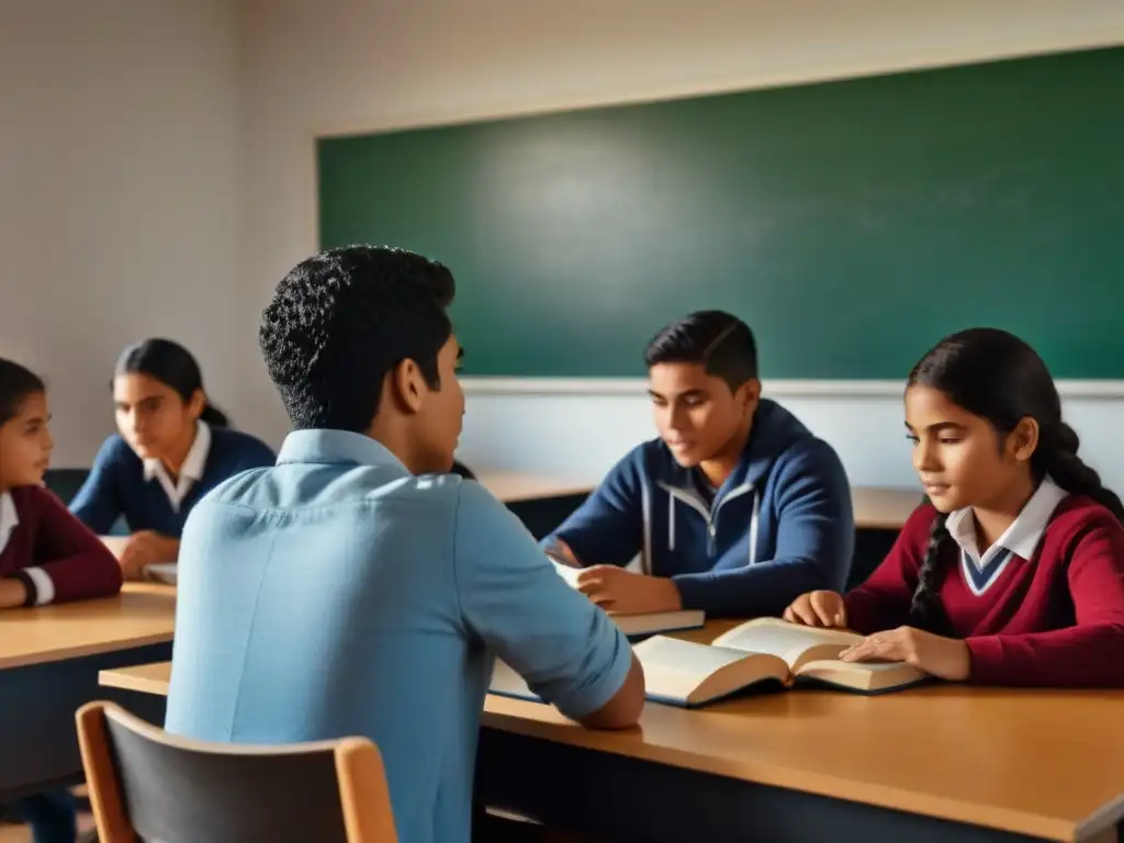 Ilustración minimalista de estudiantes diversos en aula uruguaya, destacando la Importancia del financiamiento educativo en Uruguay