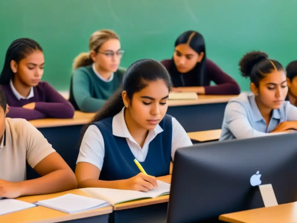 Ilustración minimalista de estudiantes diversos en aula uruguaya, reflexionando