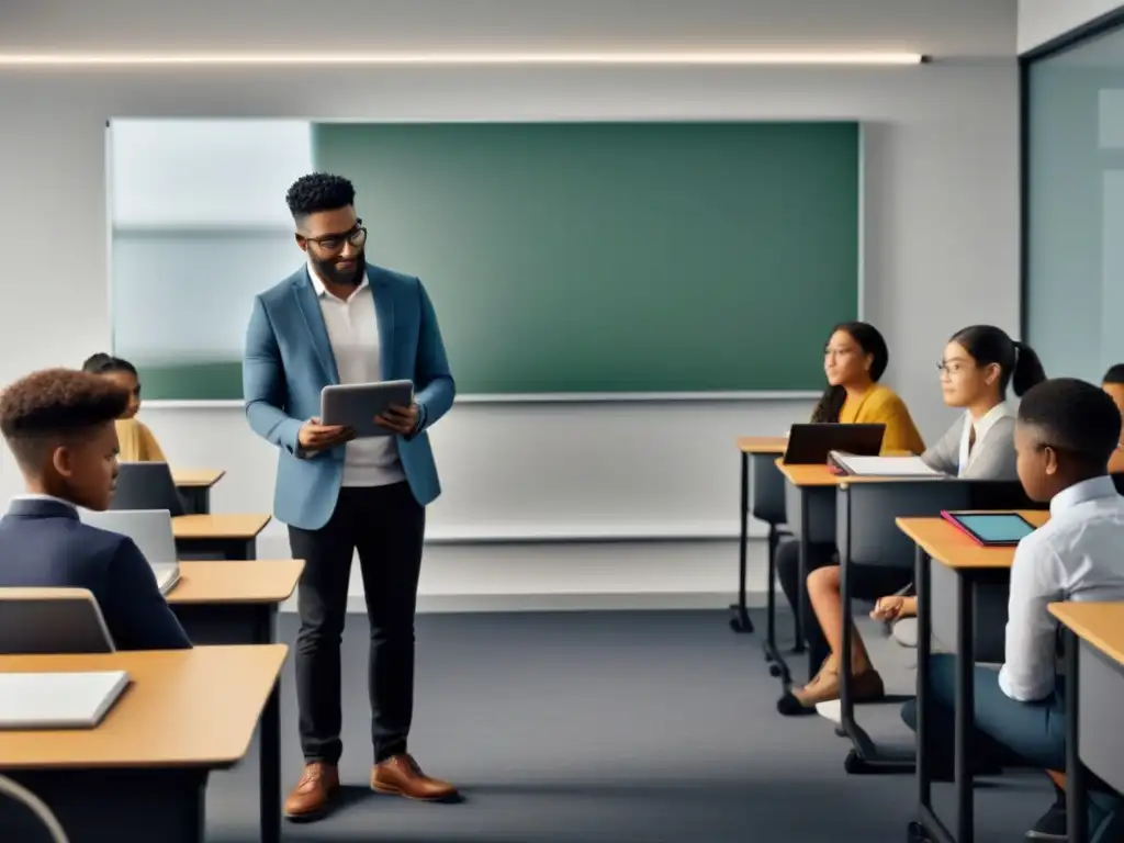 Ilustración minimalista de estudiantes diversos en aula con tabletas y pizarras interactivas, mostrando métodos enseñanza innovadores Uruguay