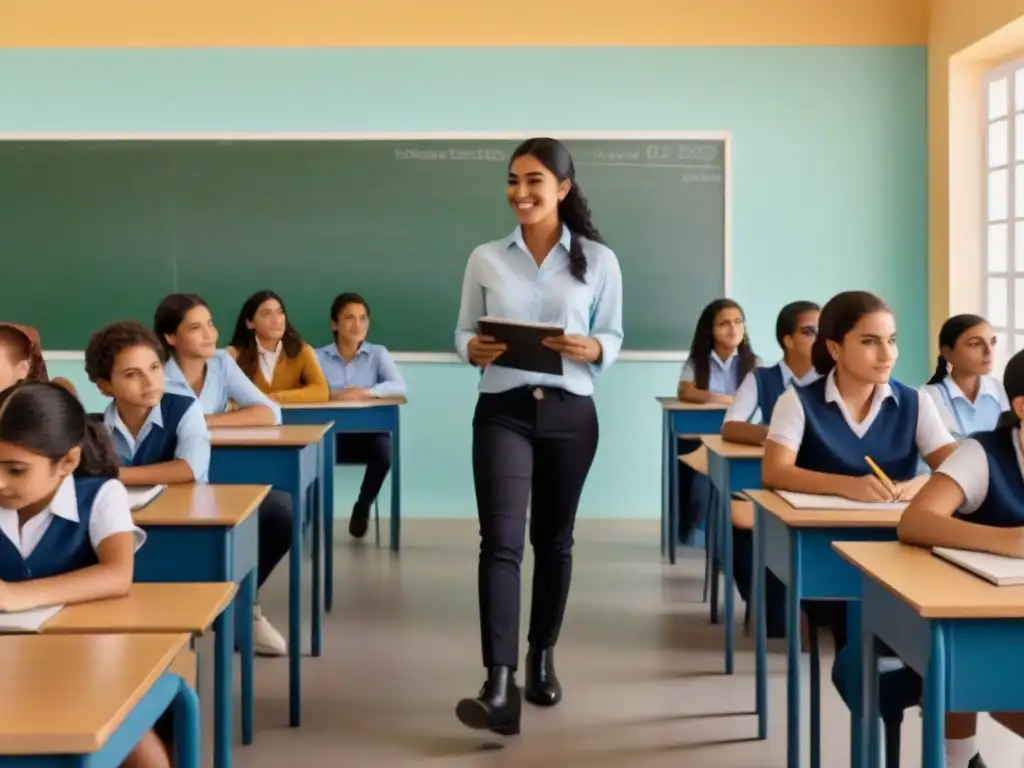 Ilustración minimalista de estudiantes diversos en aula uruguaya, destacando avances igualdad género educación Uruguay