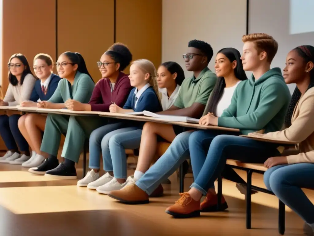 Ilustración minimalista de estudiantes diversos en un aula, fomentando la inclusión y colaboración