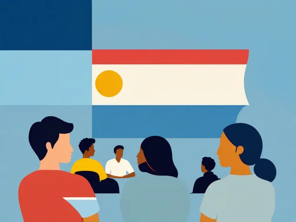 Ilustración minimalista de estudiantes diversxs debatiendo sobre educación sexual en Uruguay, con bandera uruguaya