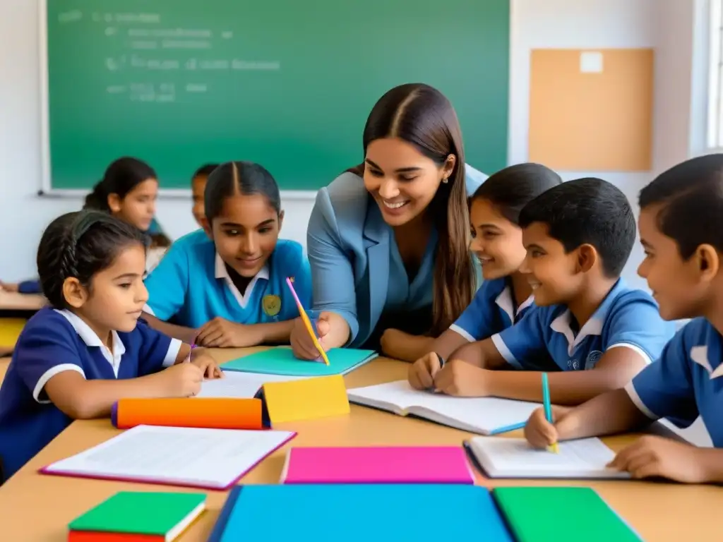 Empoderamiento educativo en Uruguay con ONG internacionales Ilustración minimalista de estudiantes de Uruguay de diversas etnias en actividades educativas apoyadas por ONG internacionales