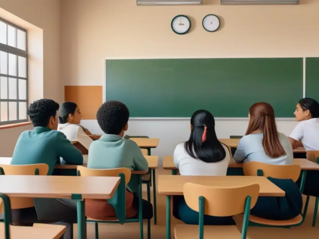 Ilustración minimalista de estudiantes de diversas etnias en aula de Uruguay, reflejando unidad y equidad