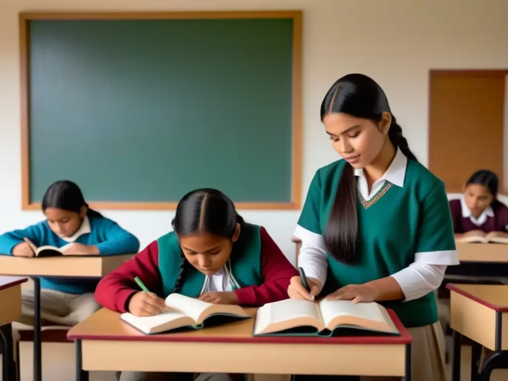 Ilustración minimalista de estudiantes indígenas en aula bilingüe, fomentando educación inclusiva en Uruguay