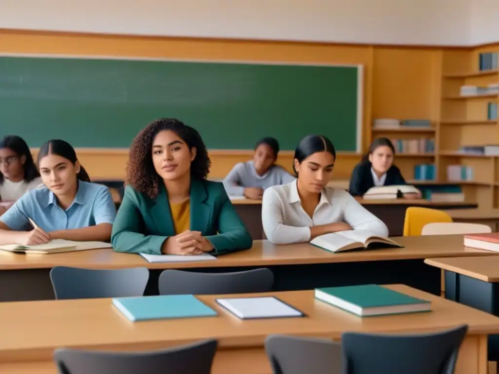 Ilustración minimalista de estudiantes diversos estudiando juntos en un aula