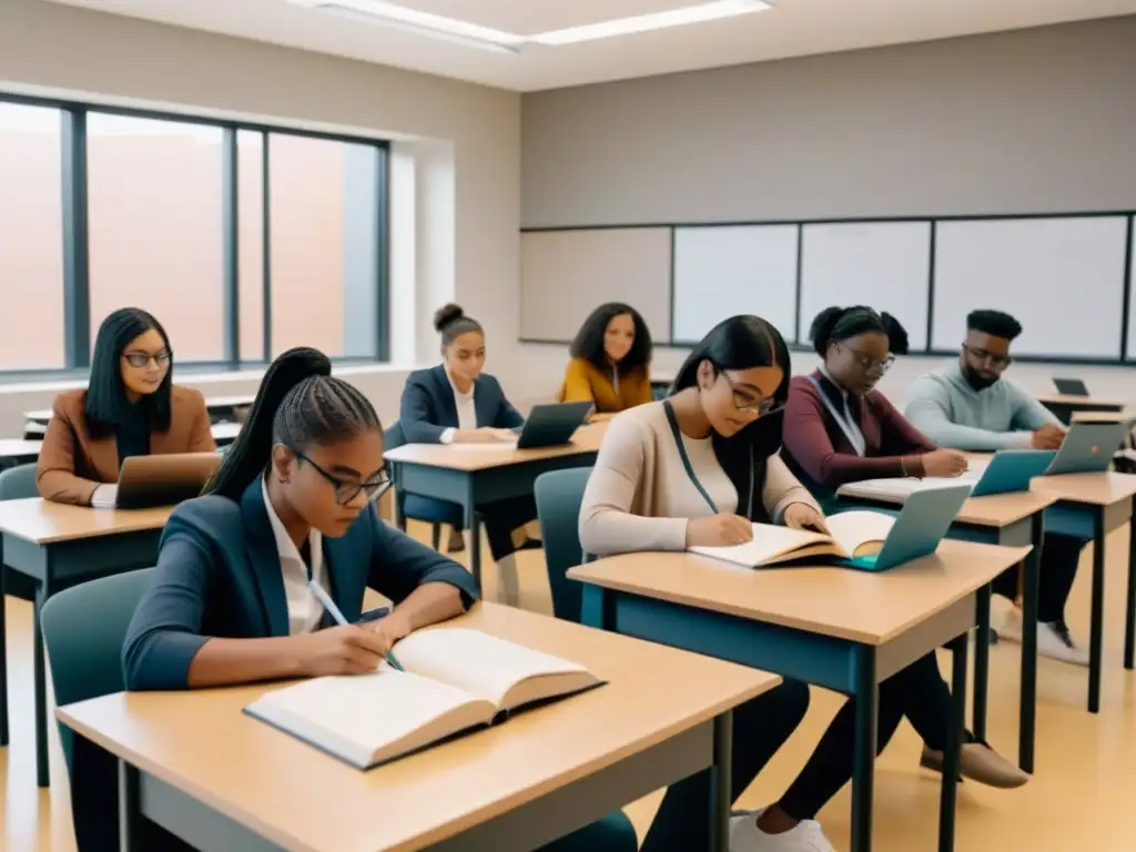 Ilustración minimalista de estudiantes diversos estudiando juntos en aula moderna